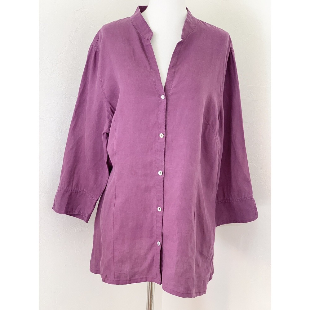 Wallis Linen Shirt Womens Size 16 Purple Button front V neck 3/4 Sleeve